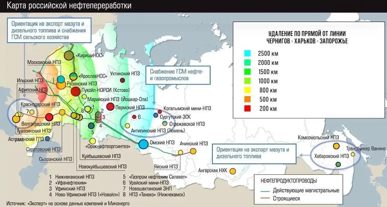 Карта российских НПЗ.