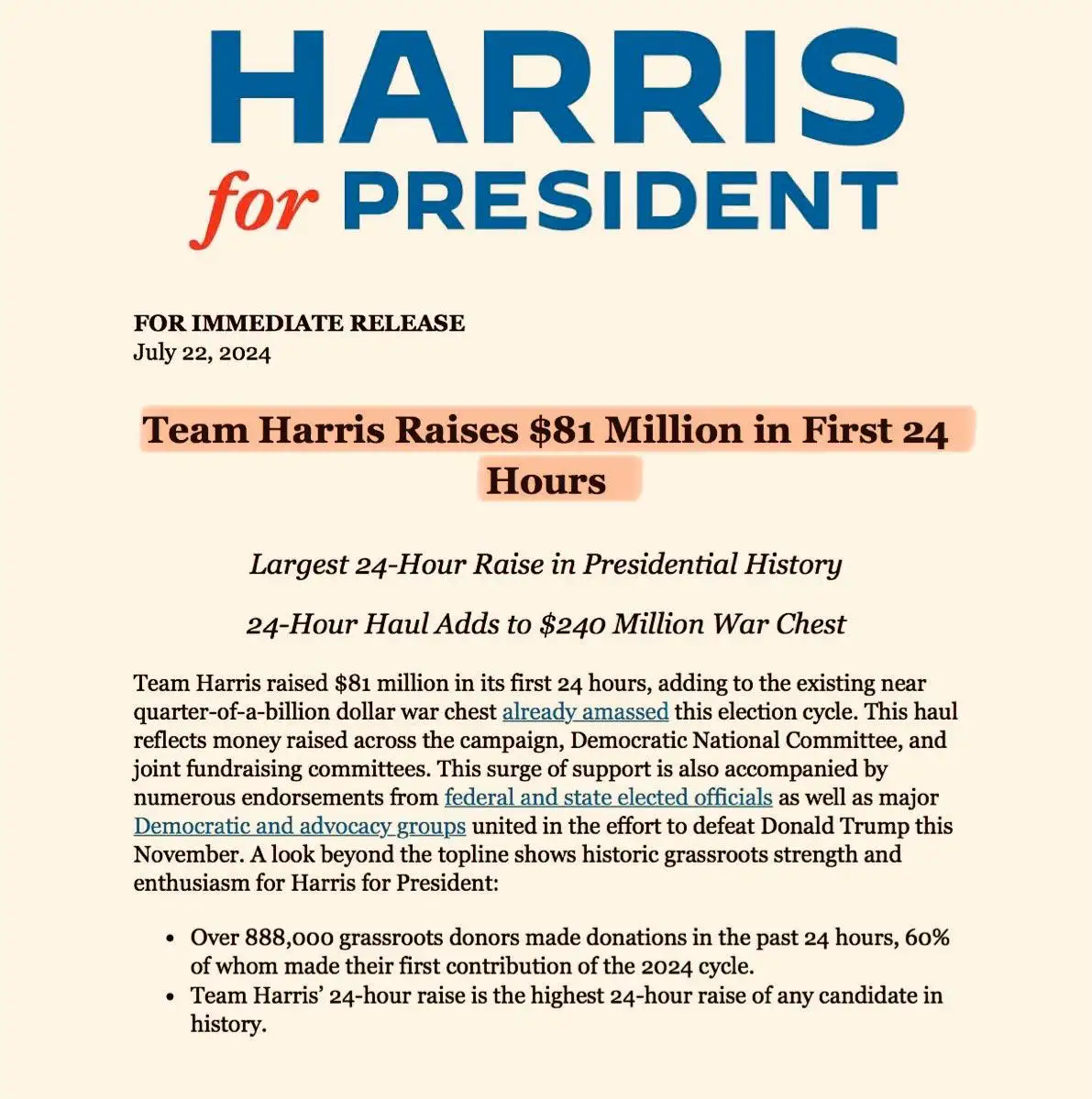 Камала Харрис собрала 81 миллион долларов