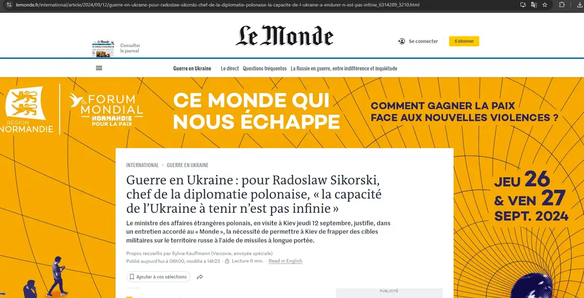 Интервью Радослава Сикорского: Украина, ПВО России и вызовы современной Европы