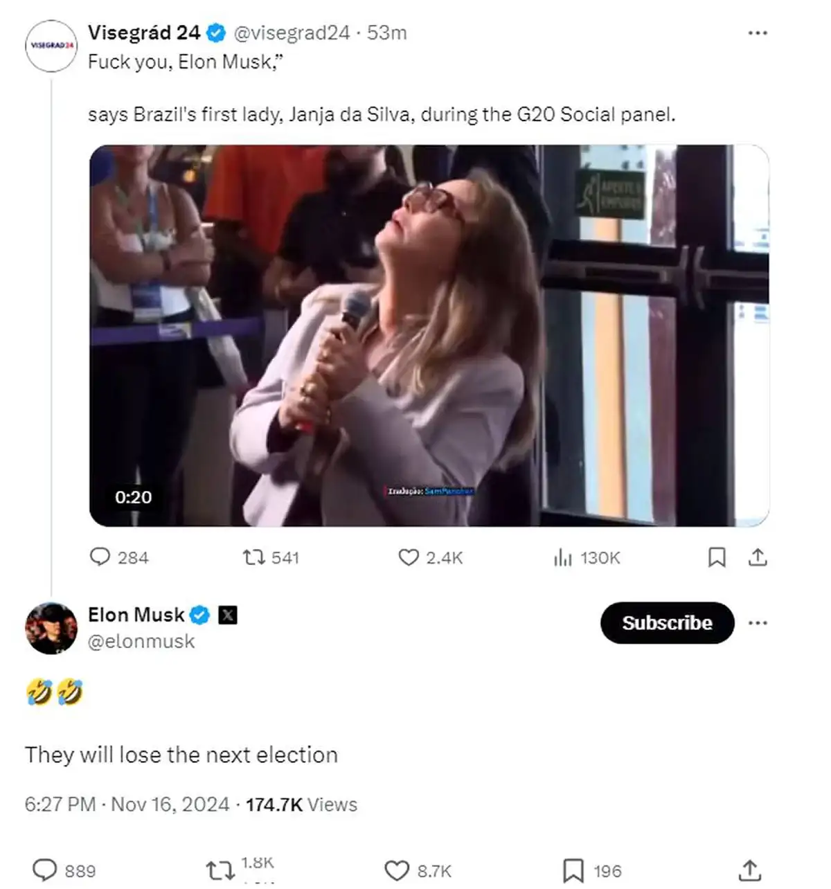 Жена президента Бразилии послала Илона Маска