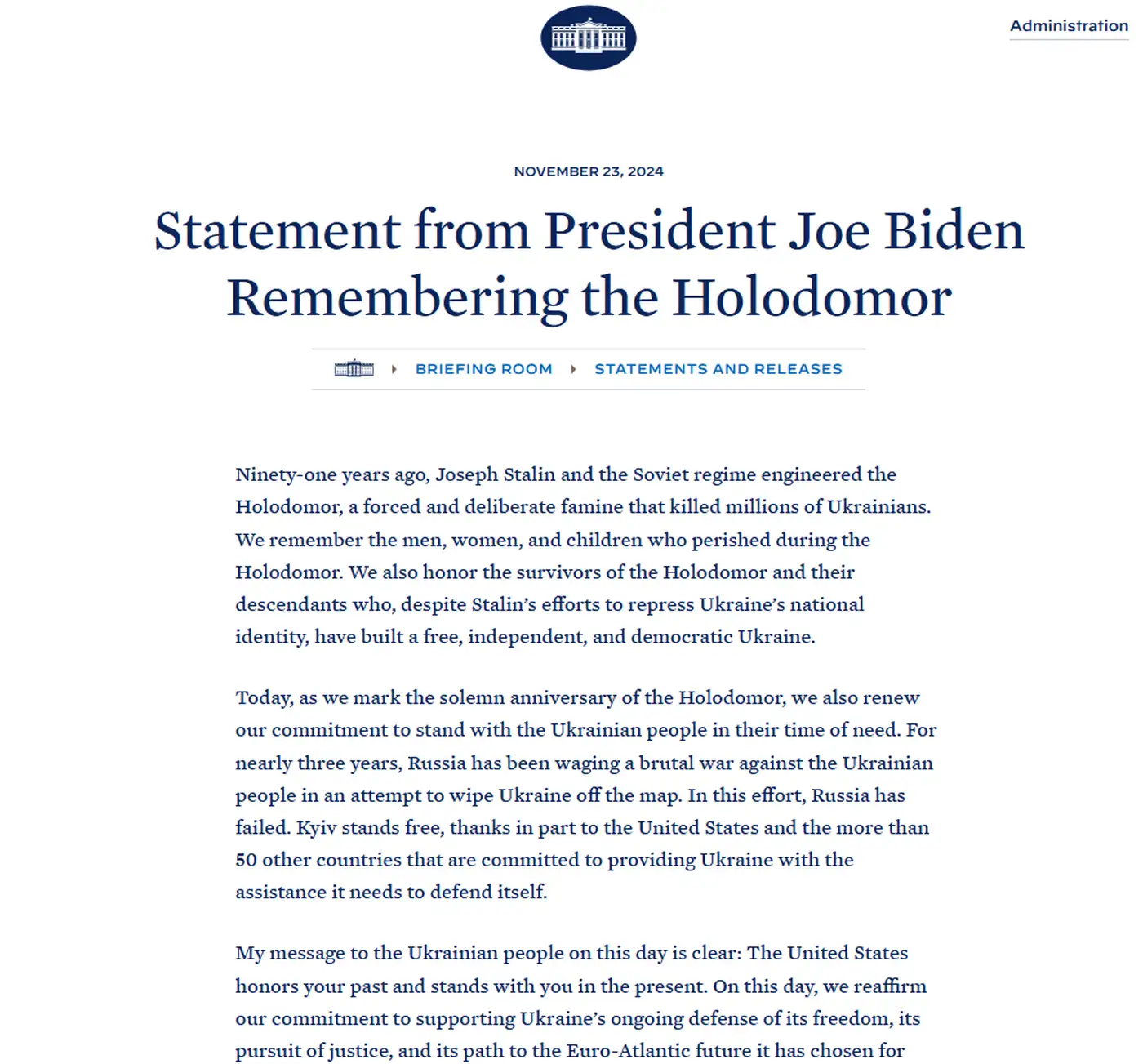 zayavlenie bajdena golodomor
