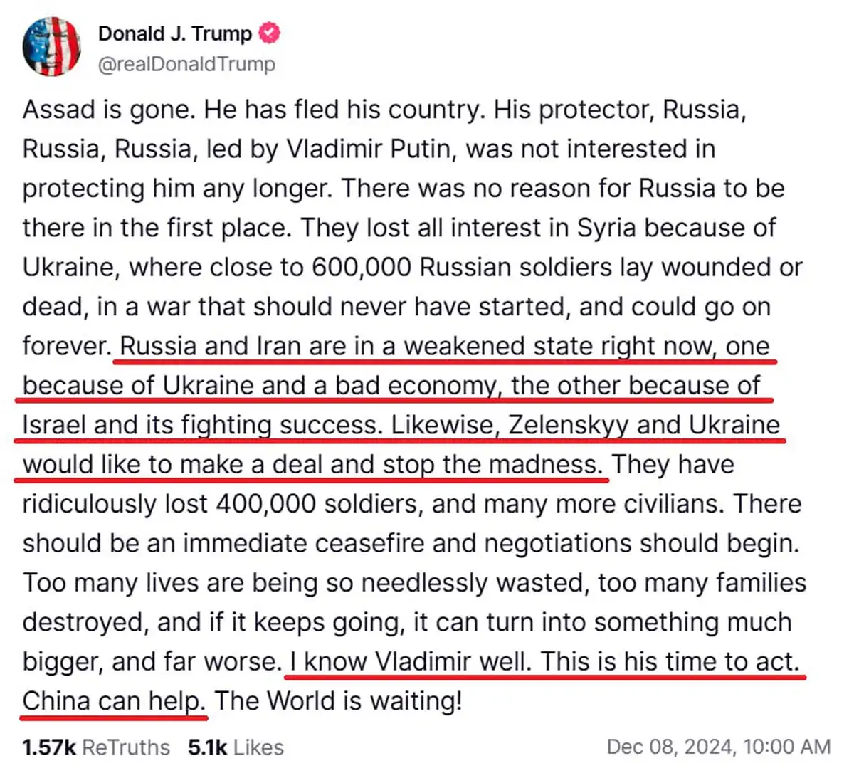 Трамп: время Путина действовать