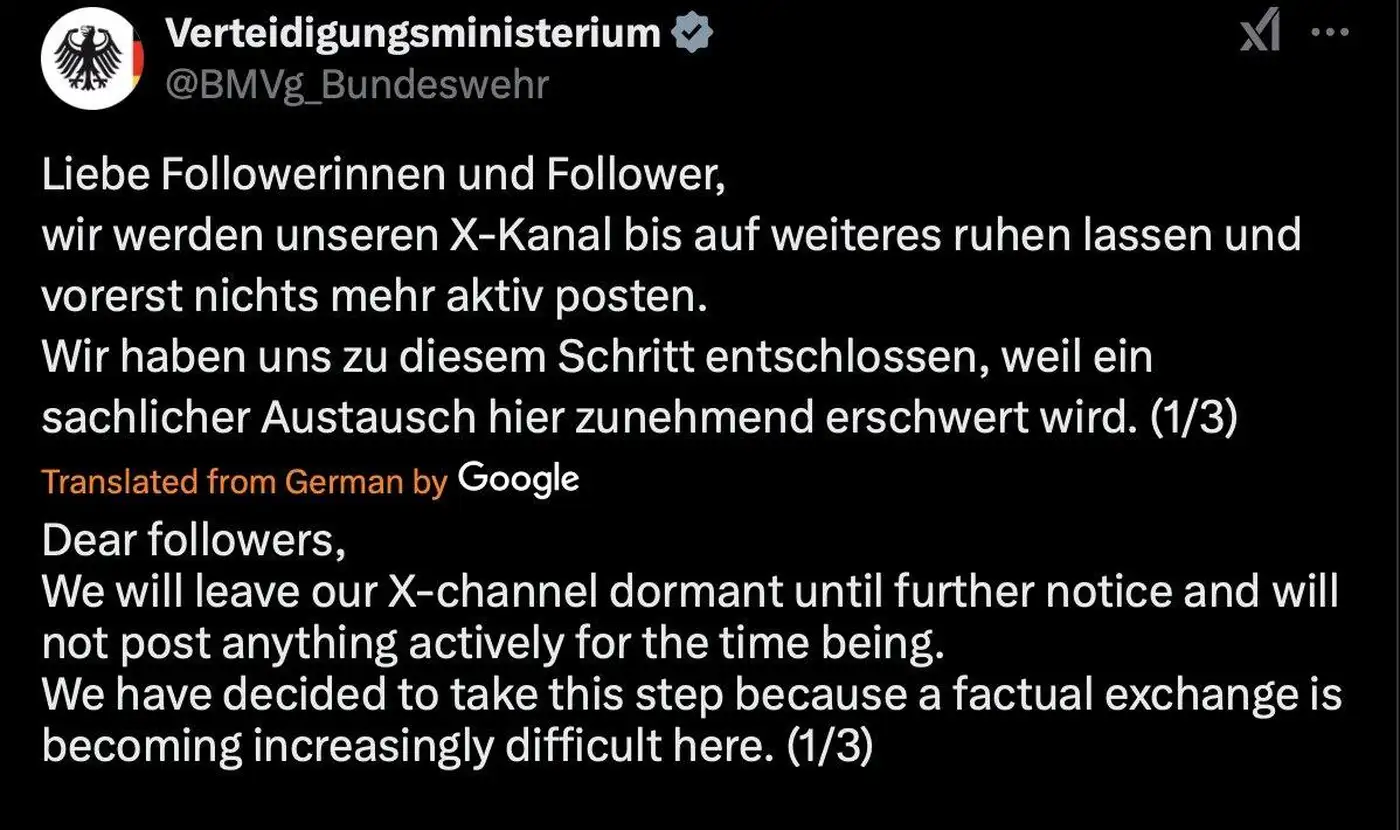 Министерство обороны Германии и Бундесвер покидают соцсеть X