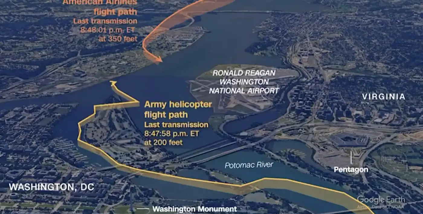 Инфографика: как военный вертолёт пошёл на таран пассажирского самолёта над Вашингтоном