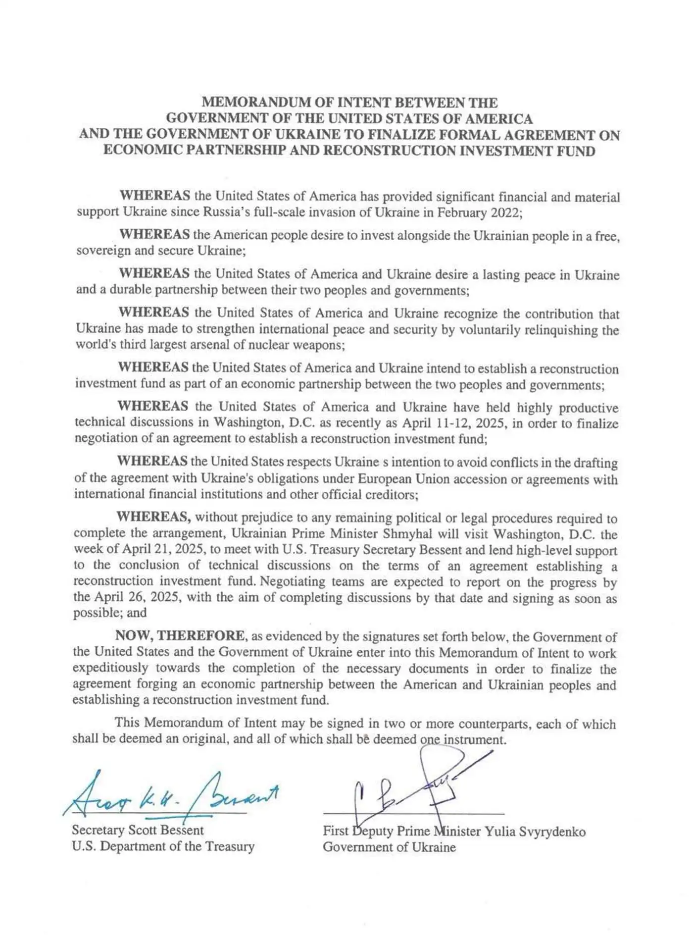 Обнародован проект Меморандума об экономическом партнёрстве Украины и США