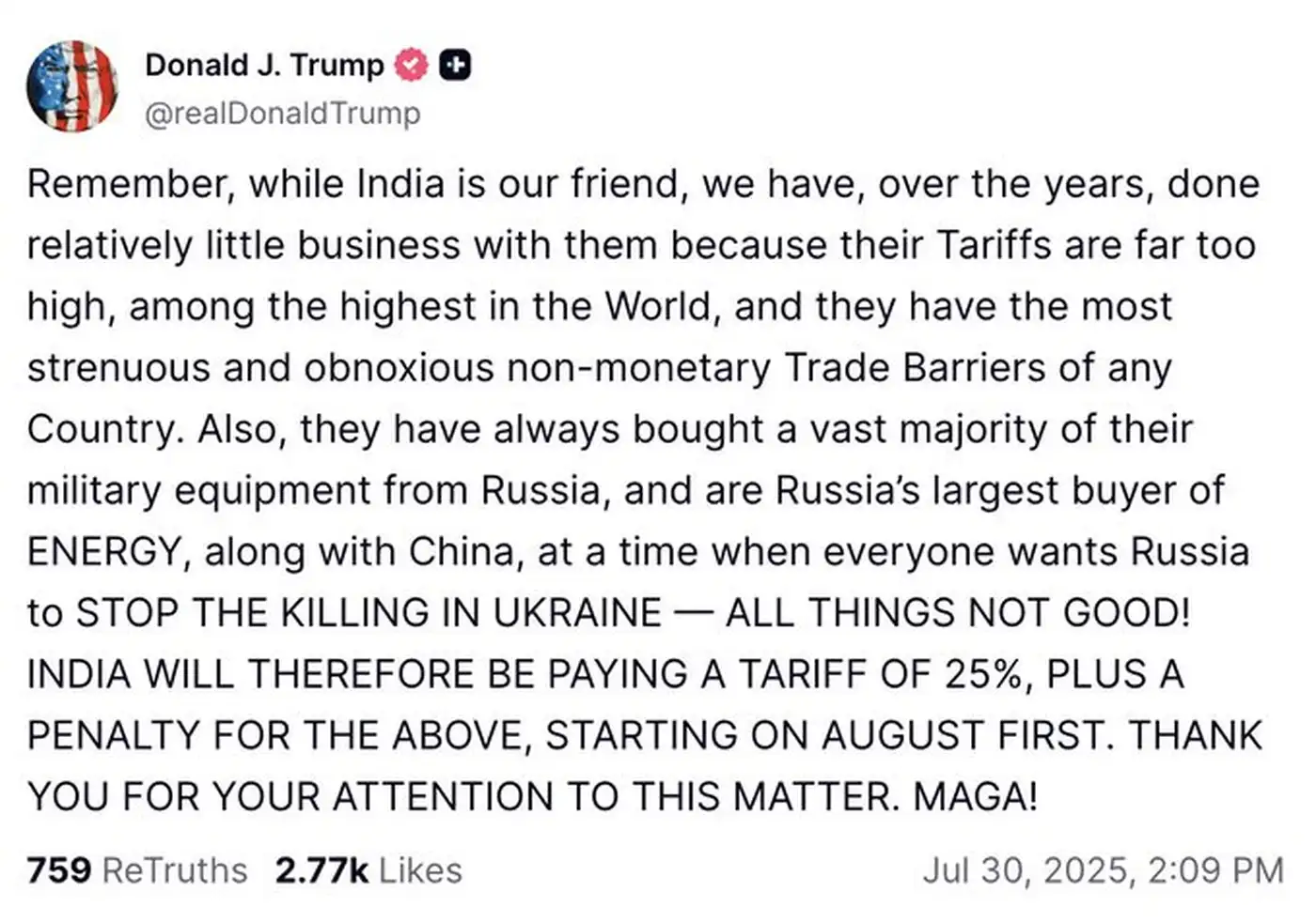 С почином! Трамп бьёт по Индии