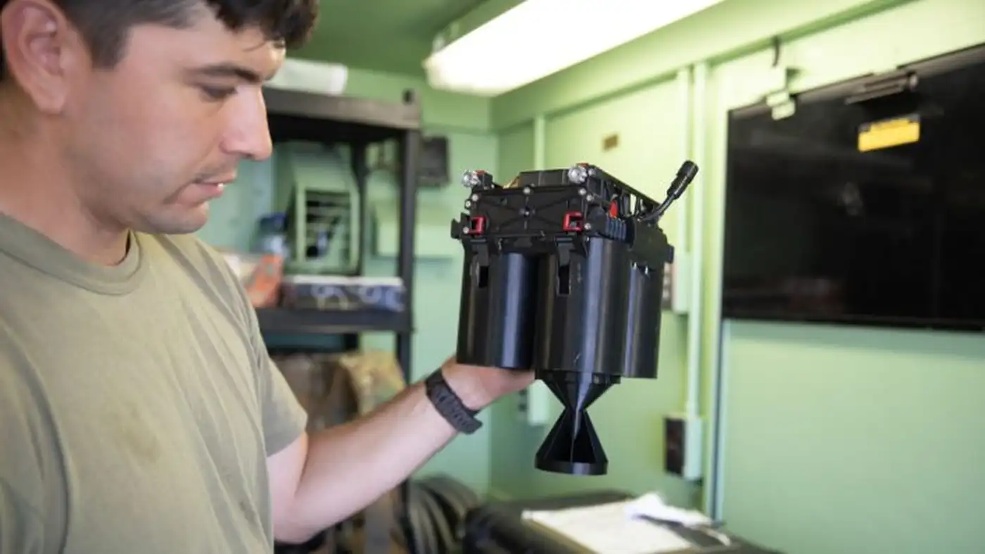 Квадрокоптер C100 навёл GBU-12, сброшенные с F-35A 10 Сержант штаба армии США Адриан Эррера, служащий во взводе Hawkeye штаба и штабной роты 1-го эскадрона 91-го кавалерийского полка 173-й воздушно-десантной бригады, осматривает 3D-печатное крепление для гранатомёта на учебной территории Норио, Грузия, 2 августа 2025 года, во время учений Agile Spirit 25.