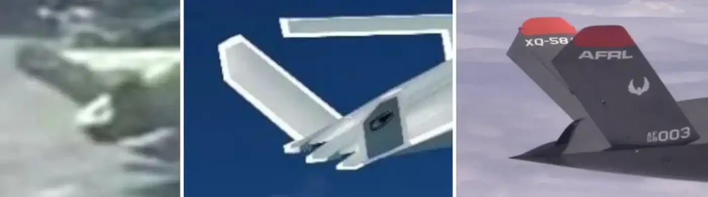 Первые кадры новых китайских боевых дронов появились накануне масштабного военного парада 4 Сравнительный взгляд на хвостовое оперение: слева — дрон, похожий на FH-97, замеченный в ходе подготовки к параду; в центре — хвост FH-97 на раннем рендере; справа — хвост XQ-58.