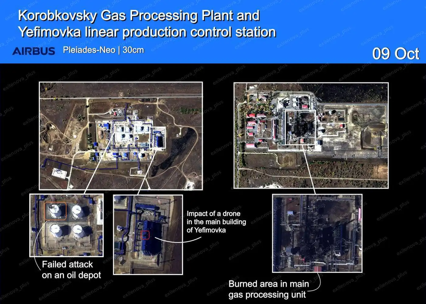Снимки (Airbus) вчерашней атаки на Коробковский газоперерабатывающий завод