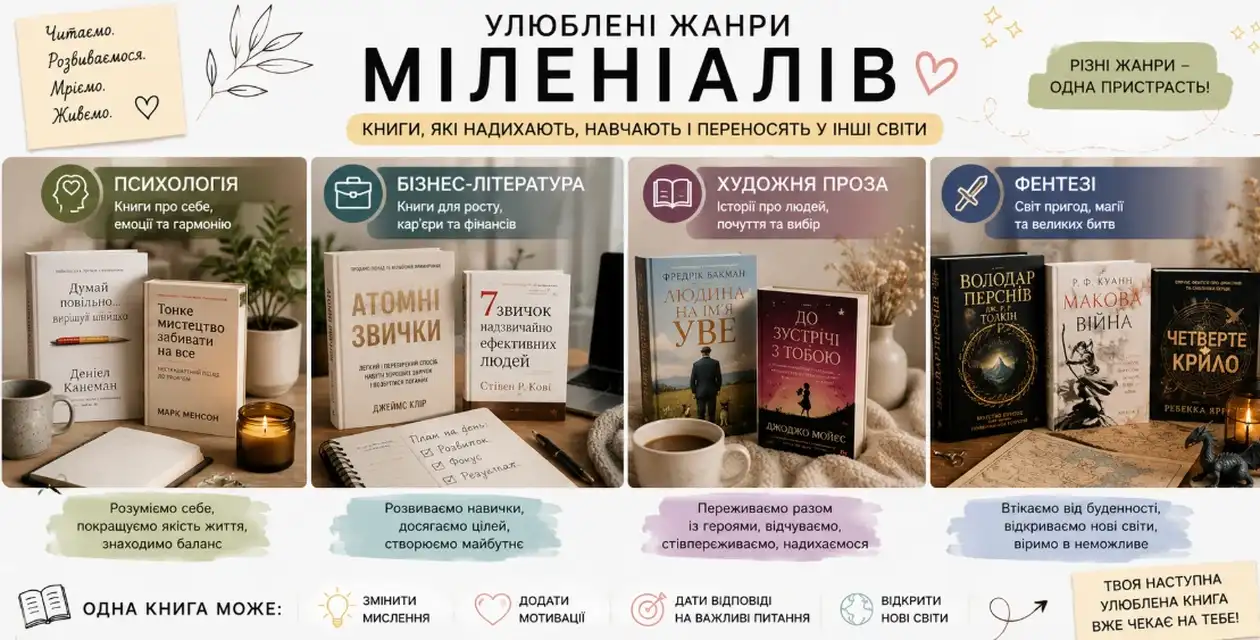 Від фентезі до психології: що читають міленіали у 2026 році 1 Які жанри найчастіше обирають міленіали