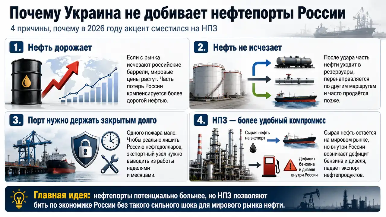 Почему Украина не добила нефтепорты России и переключилась на НПЗ