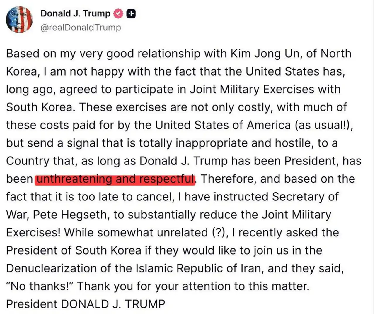 Трамп ограничит участие США в учениях с Южной Кореей