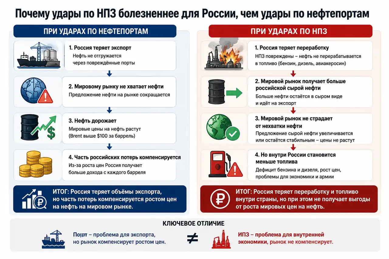 Почему Украина не добила нефтепорты России и переключилась на НПЗ 2 Инфографика: почему удары по нефтепортам частично компенсируются ростом цен, а удары по НПЗ переносят ущерб внутрь России
